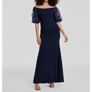 Off-The-Shoulder Navy Gown With 3D Floral Sleeves & Ruched Draping By Xscape Fo